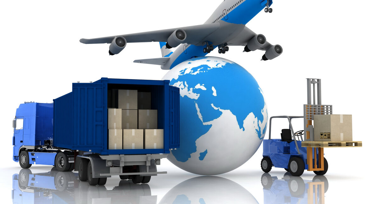 airliner with a globe and autoloader with boxes in a container