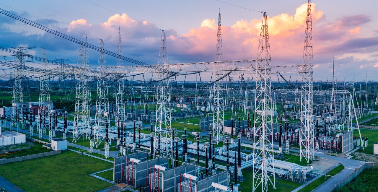 aerial-view-of-a-high-voltage-substation-picture-id1340413200